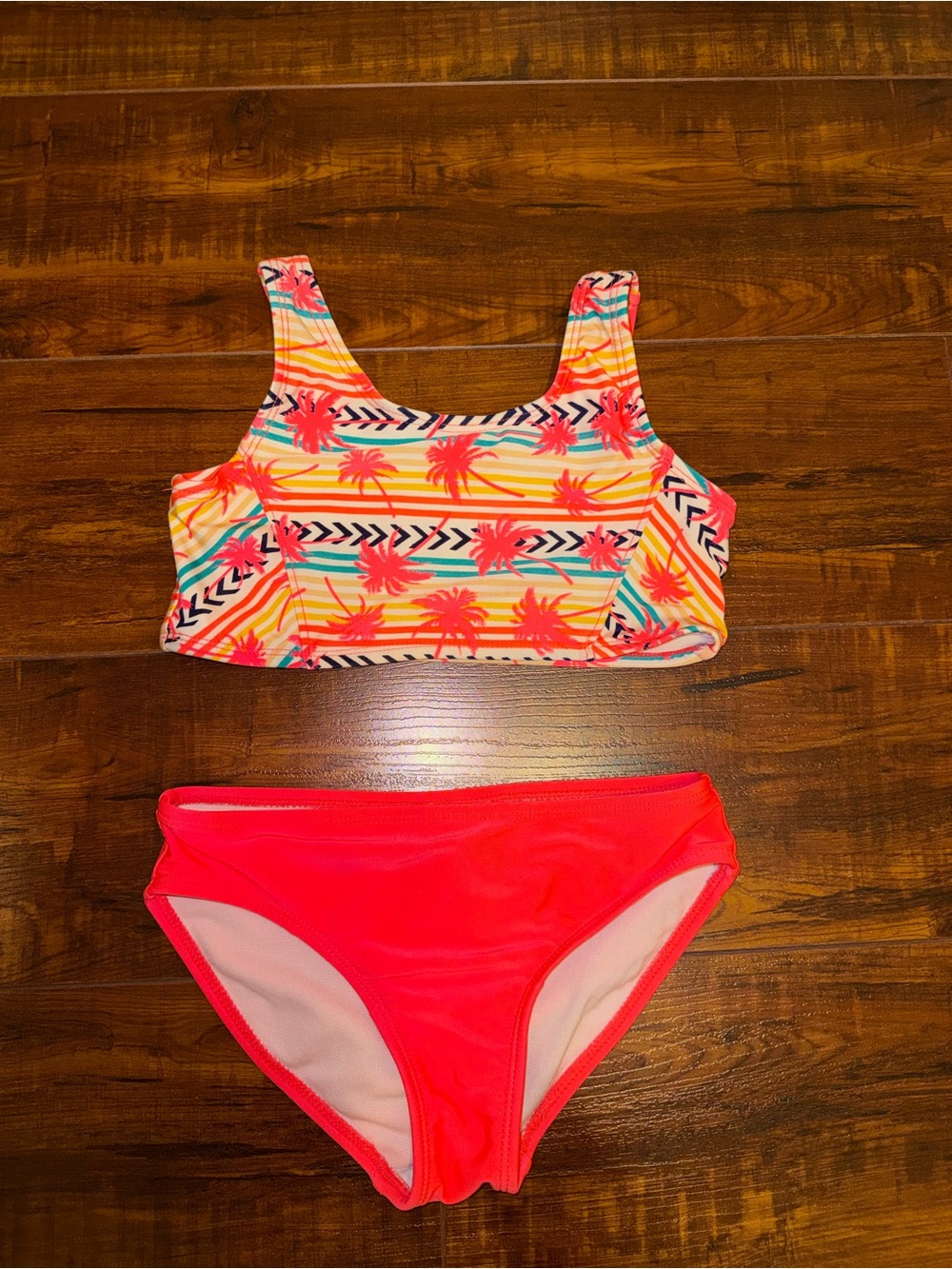 art class Neon Coral Bikini Set with Tropical Print Tank Top